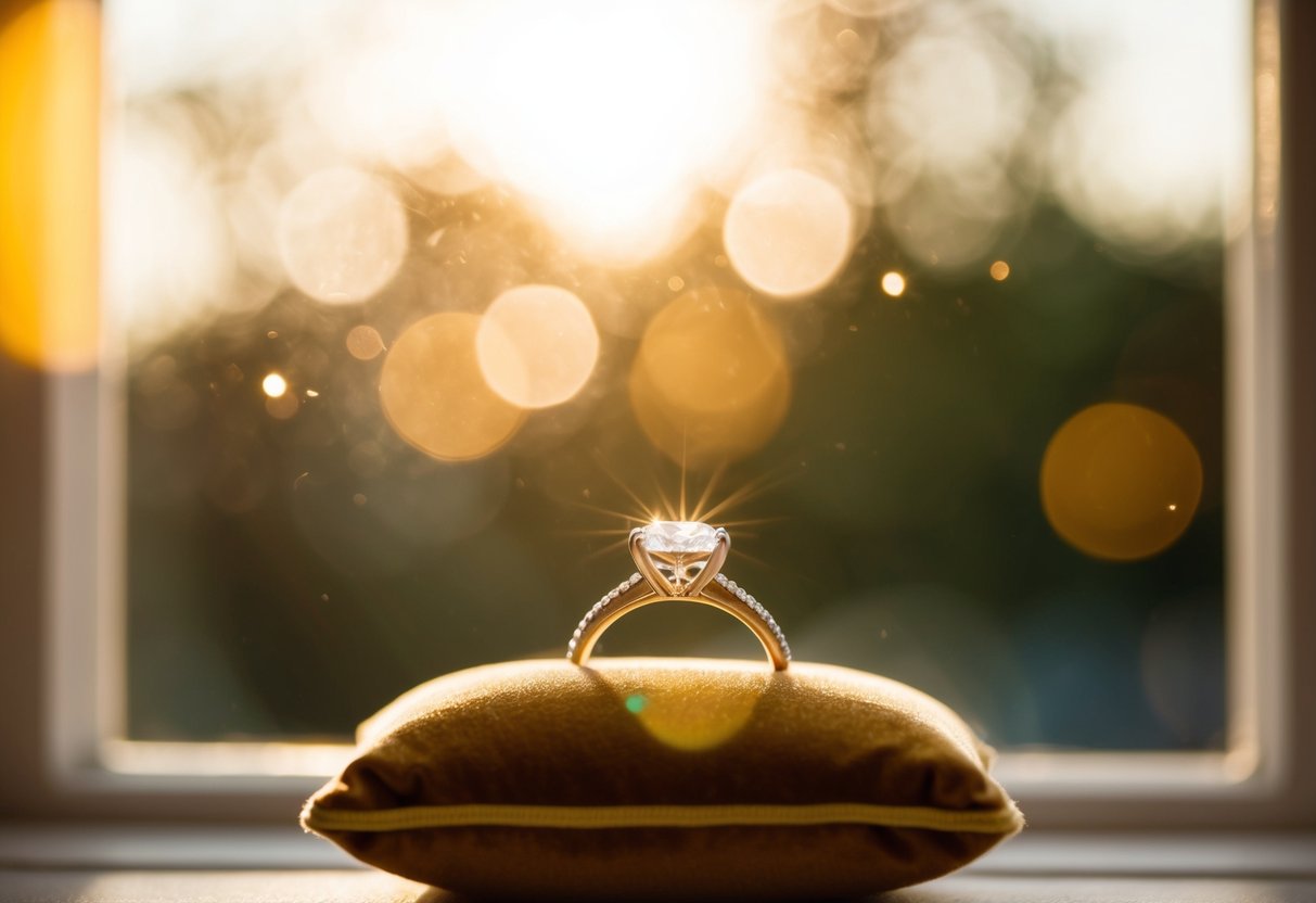 A sparkling wedding ring sits on a velvet cushion, bathed in warm sunlight streaming through a window