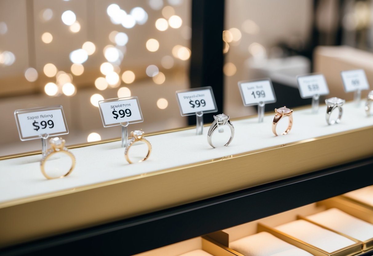 A jewelry store display featuring elegant engagement rings and simpler wedding bands, with price tags clearly showing the price difference