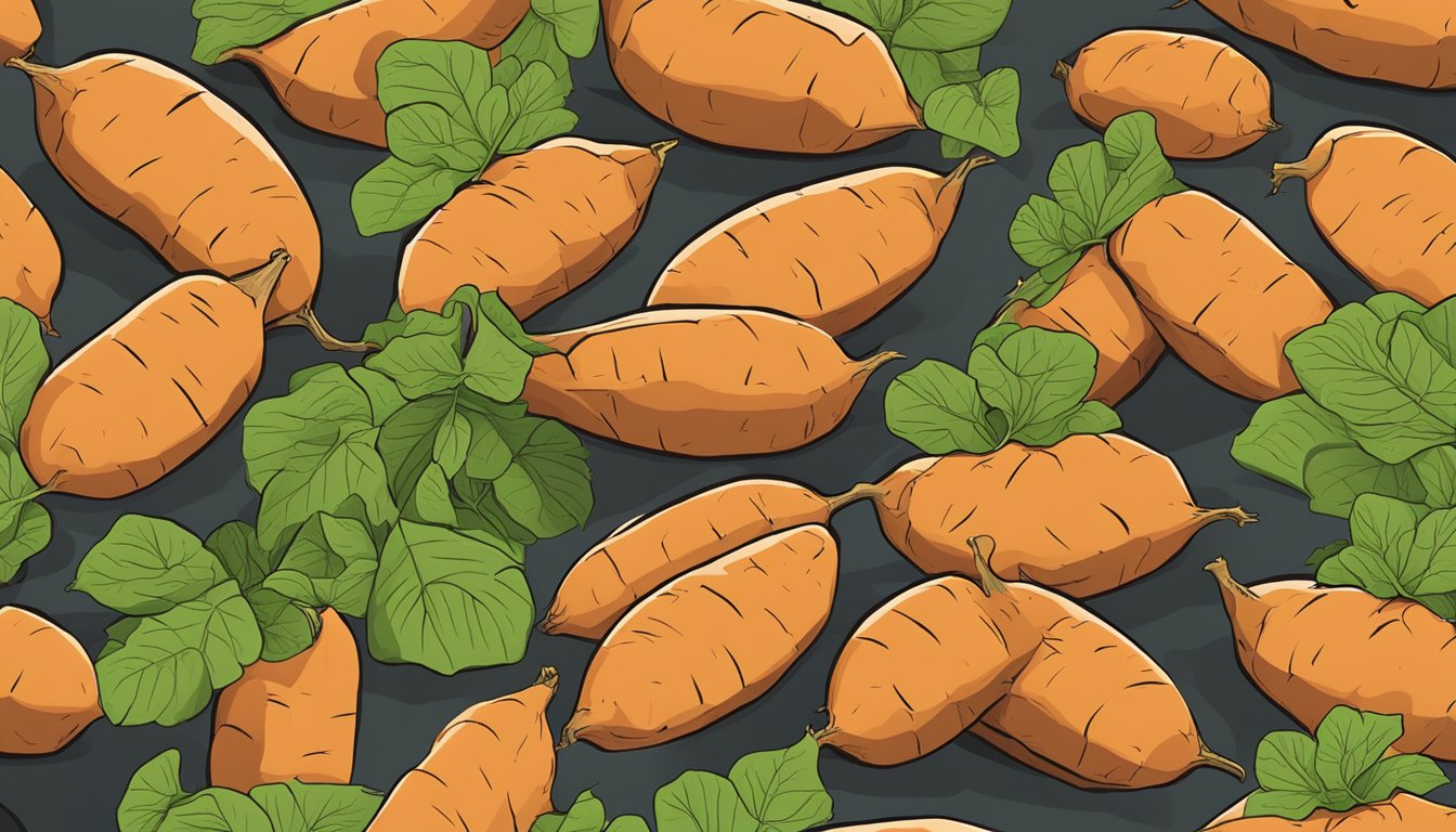 A pile of sweet potatoes, some ripe and ready to eat, some unripe and green, with a question mark hovering over the unripe ones