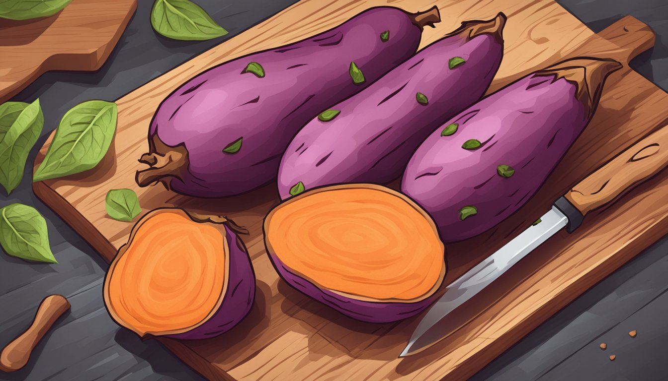 A pile of sweet potatoes, some ripe and some unripe, sitting on a wooden cutting board with a knife beside them