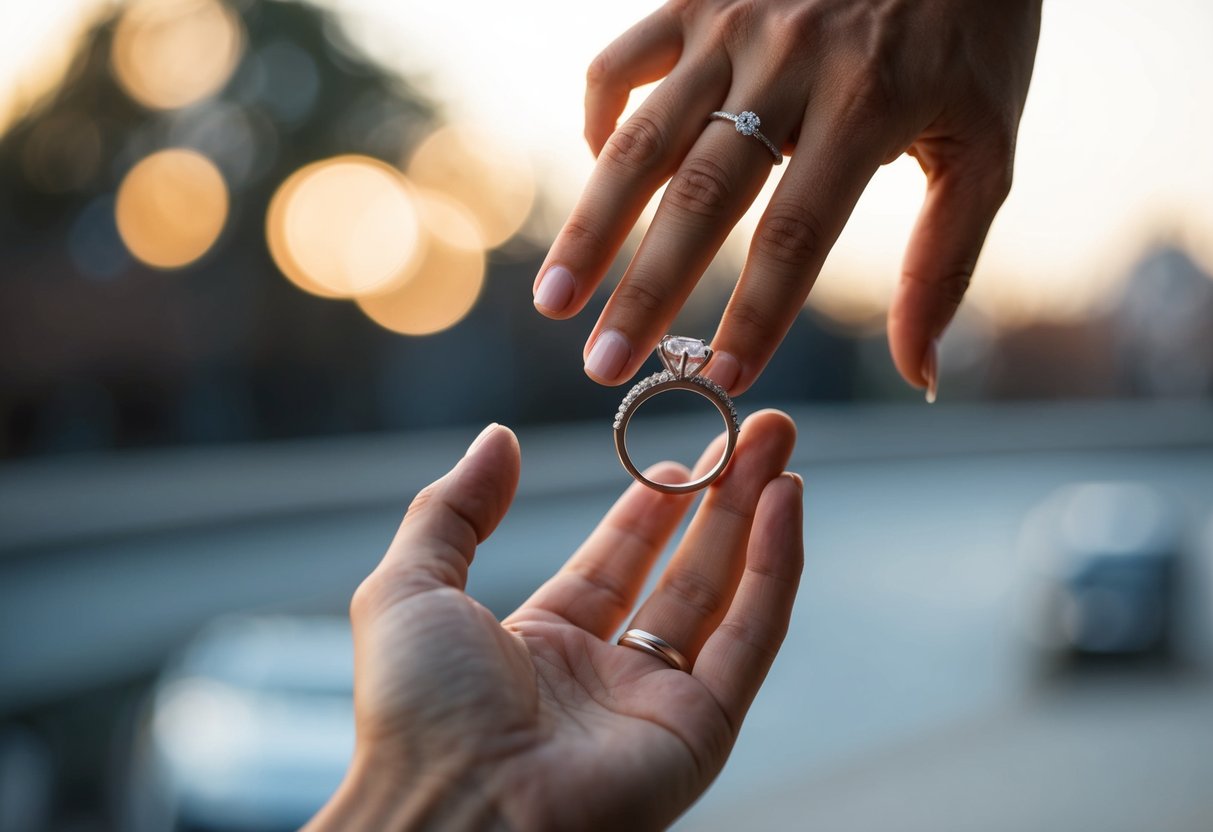 A hand reaches for a delicate engagement ring, followed by a sturdy wedding band