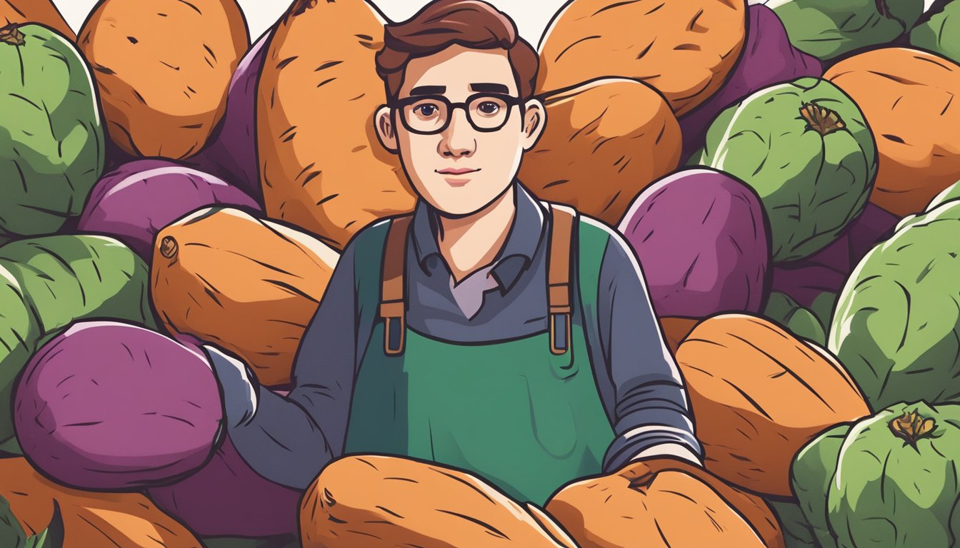 A person holding an unripe sweet potato, looking unsure. A pile of ripe sweet potatoes sits nearby