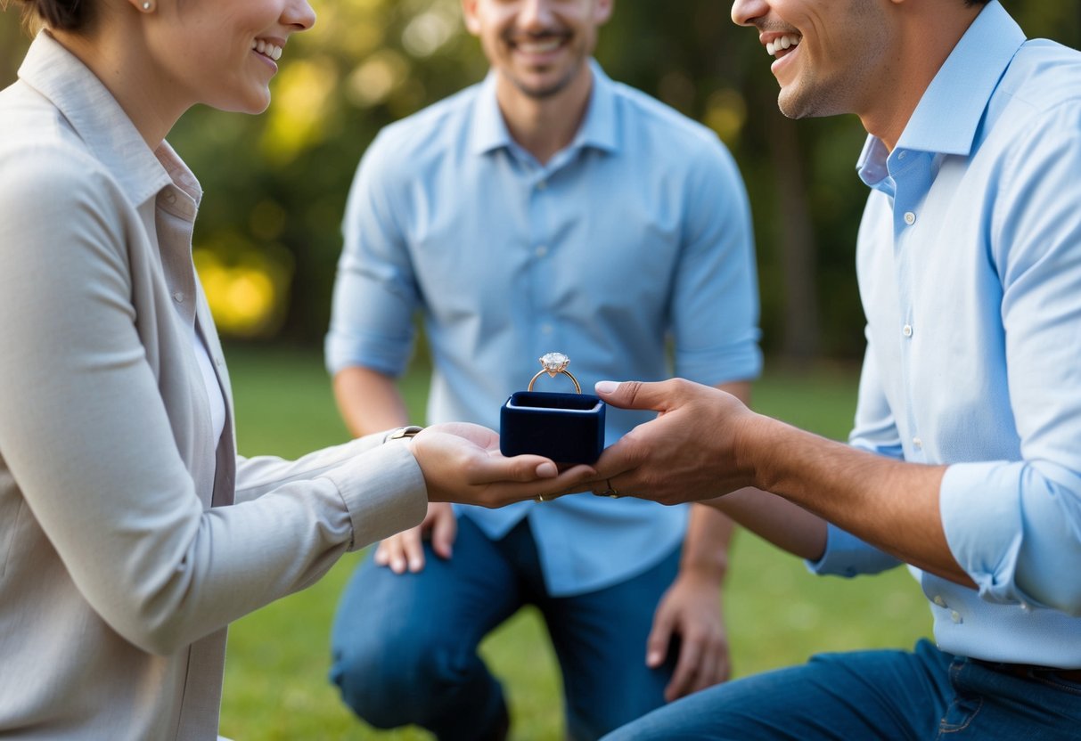 A person kneeling with an open ring box, facing another person with a hopeful expression