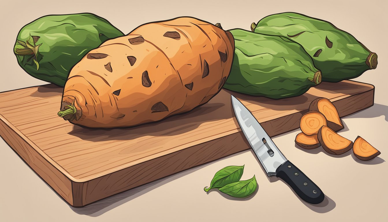 A pile of unripe sweet potatoes sits on a kitchen counter, next to a cutting board and knife. A question mark hovers above the potatoes