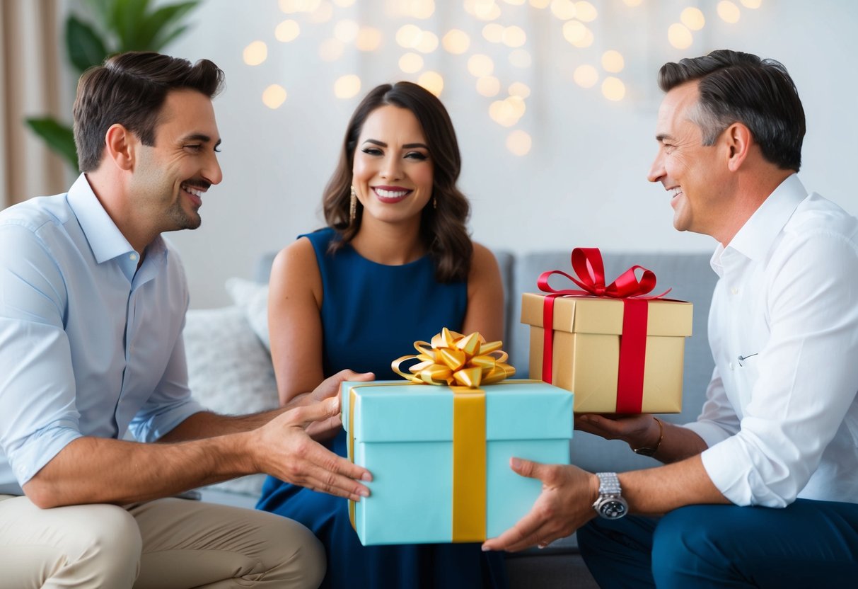 A happy couple receiving a gift of a honeymoon package from the groom's parents