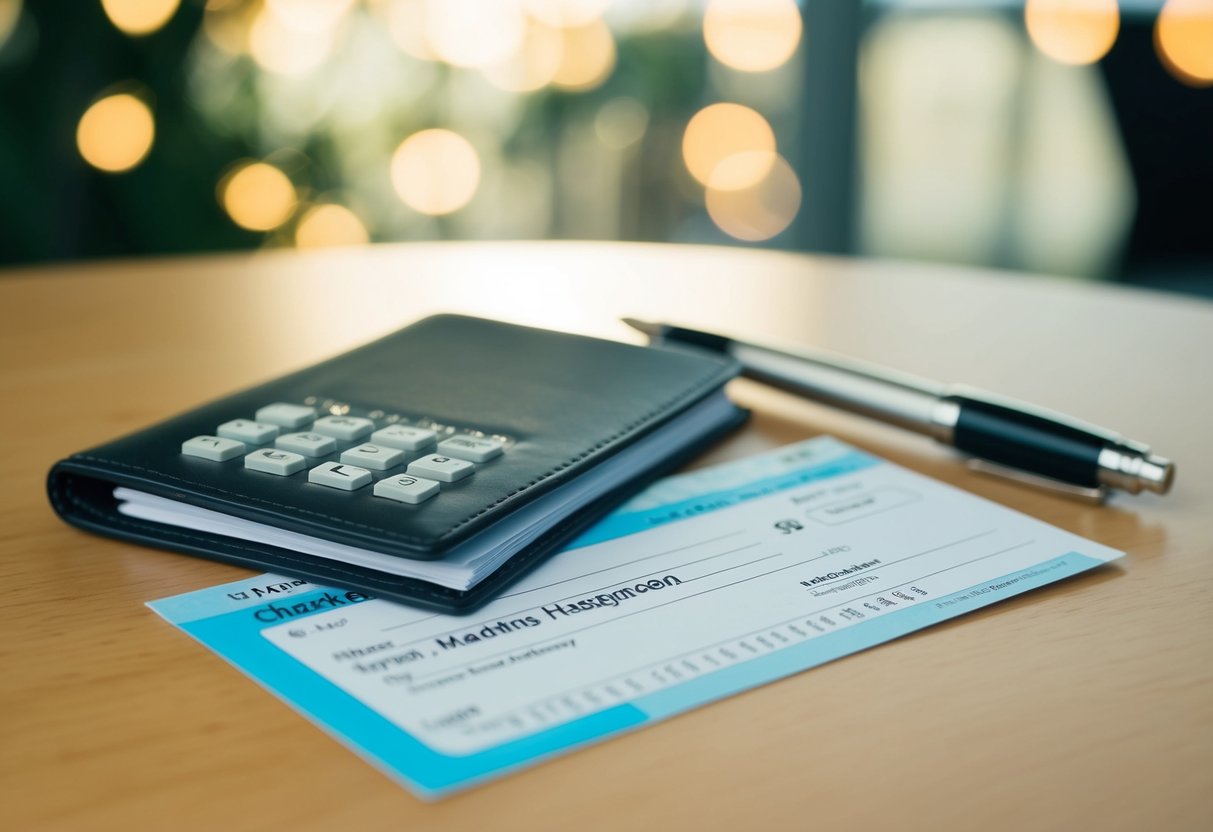 A checkbook with wedding-related expenses and a plane ticket for a honeymoon