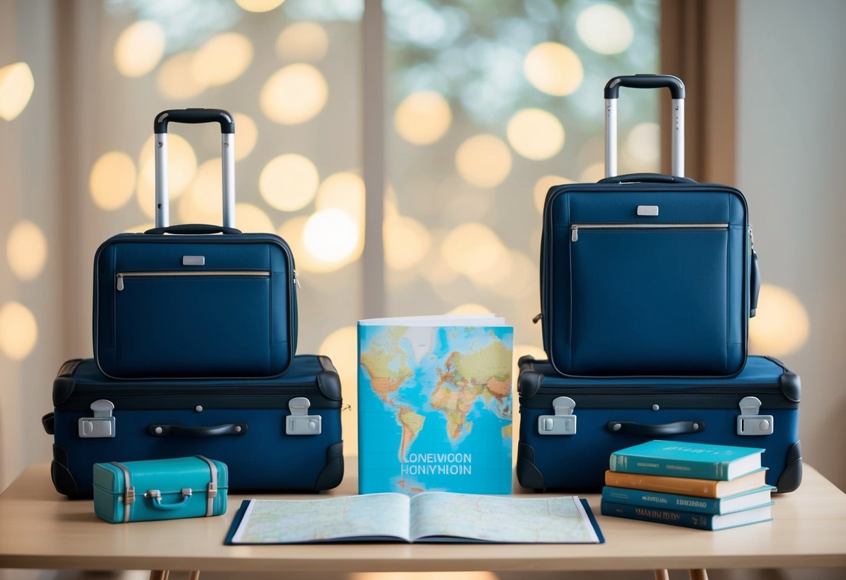 A couple's suitcases packed with travel essentials, a map, and a stack of travel books on a table, symbolizing honeymoon preparations