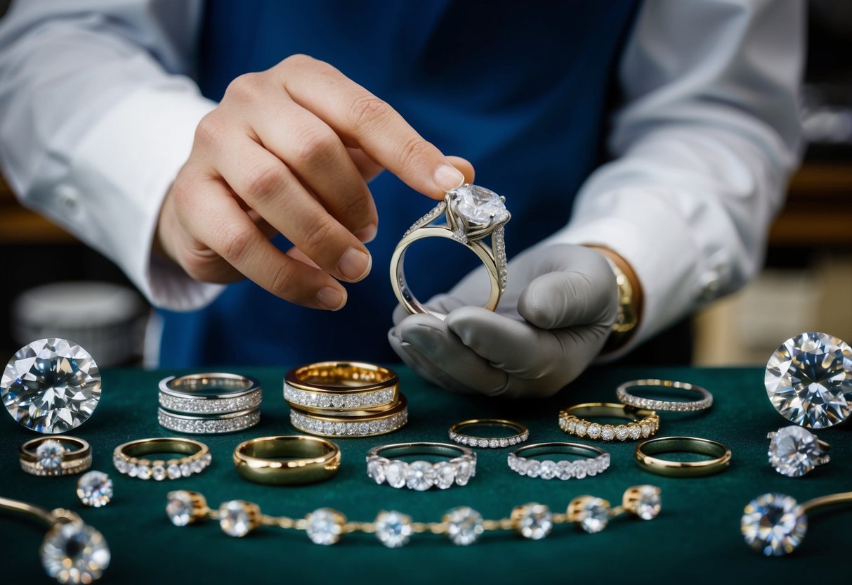 A jeweler carefully weighs and inspects a variety of wedding bands, surrounded by sparkling gemstones and precious metals