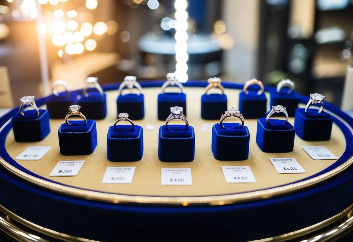A jeweler presenting a variety of engagement rings on a velvet display, with price tags and sparkling gemstones catching the light