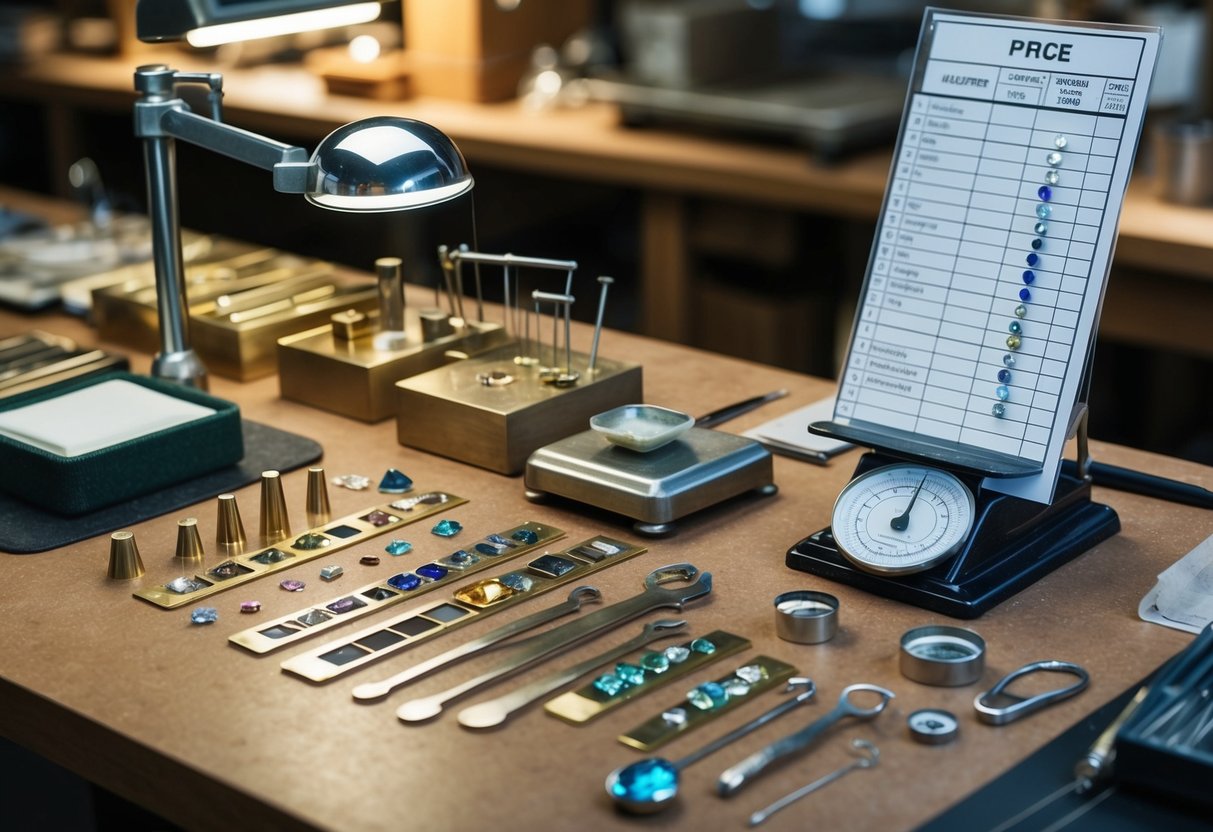 A jeweler's workbench with various metal samples and gemstones, a scale, and a price list