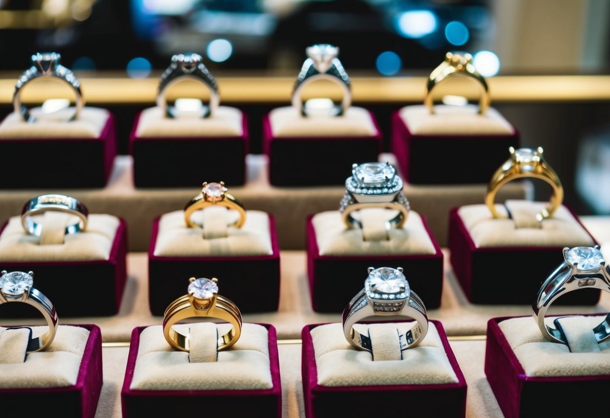 A display of men's wedding rings in a jewelry store, with various styles and price points showcased on velvet cushions