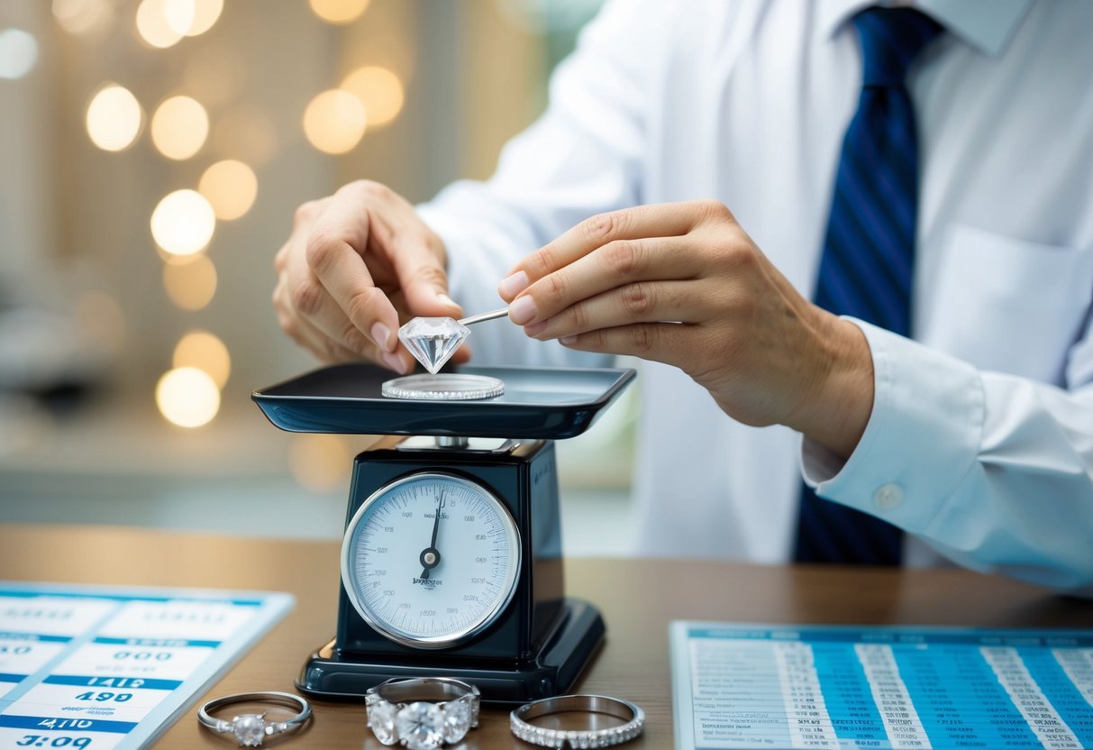 A jeweler carefully weighing a diamond on a scale, surrounded by various engagement ring settings and pricing charts