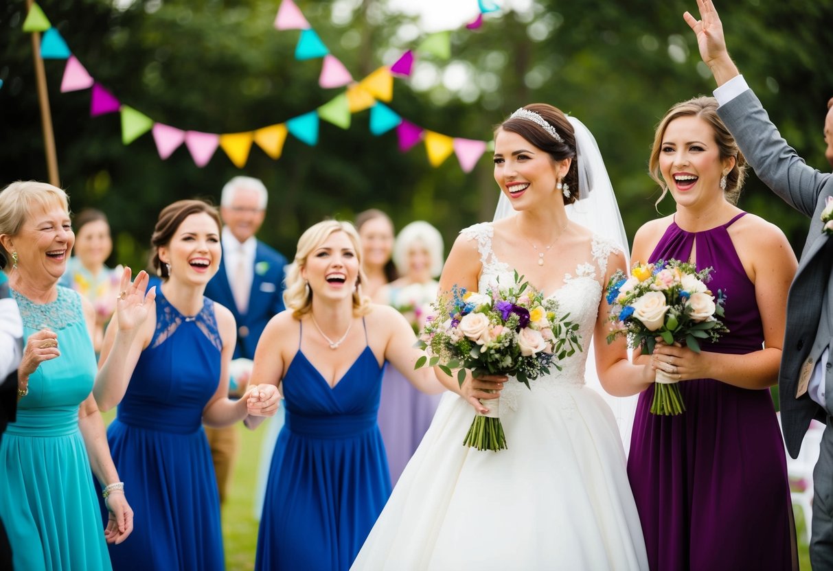 A maid of honor holding a bouquet, standing beside a bride in a wedding dress, surrounded by joyful guests and colorful decorations
