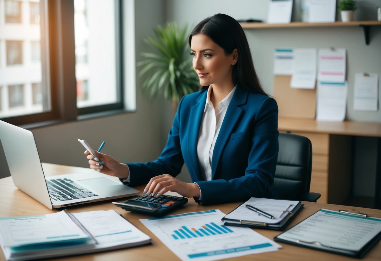 A woman sits at a desk with a laptop, calculator, and planner. She is surrounded by receipts, invoices, and a budget spreadsheet
