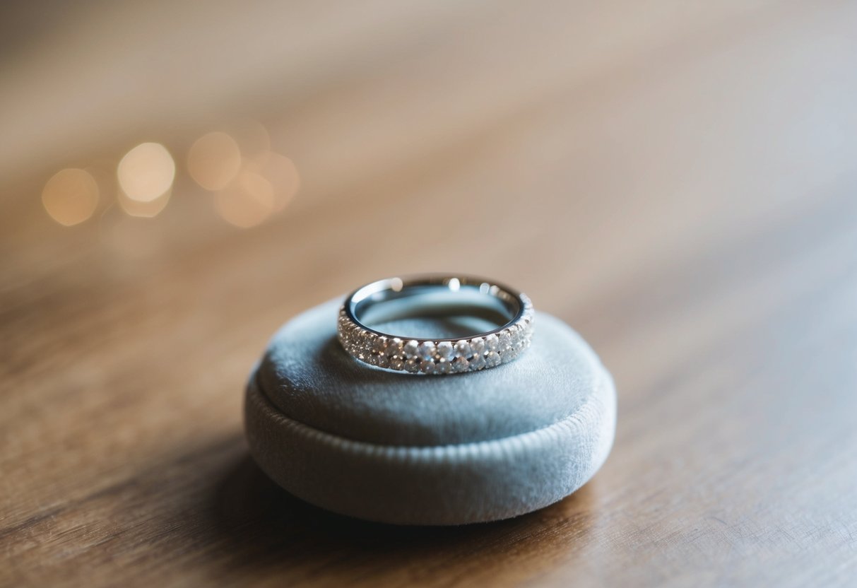 A sparkling wedding ring rests on a velvet cushion, bathed in soft light