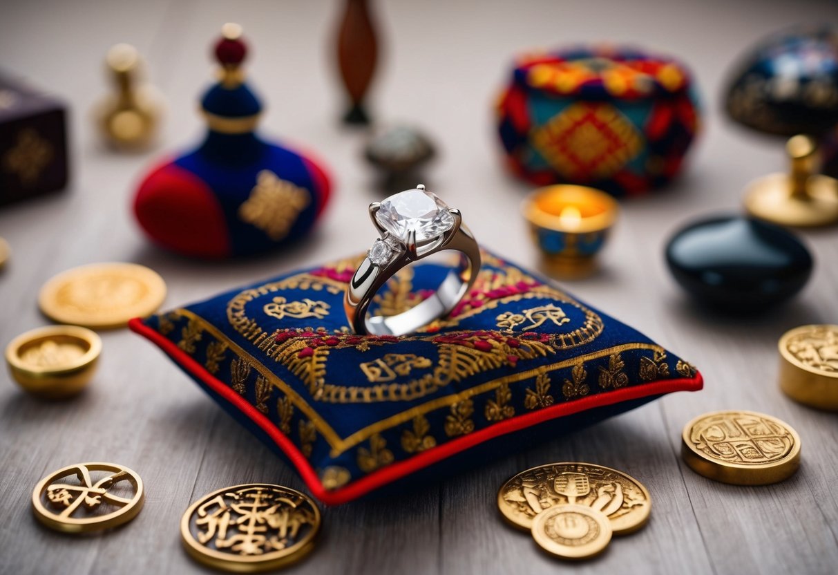 A ring displayed on a decorative pillow, surrounded by symbolic objects from various cultures