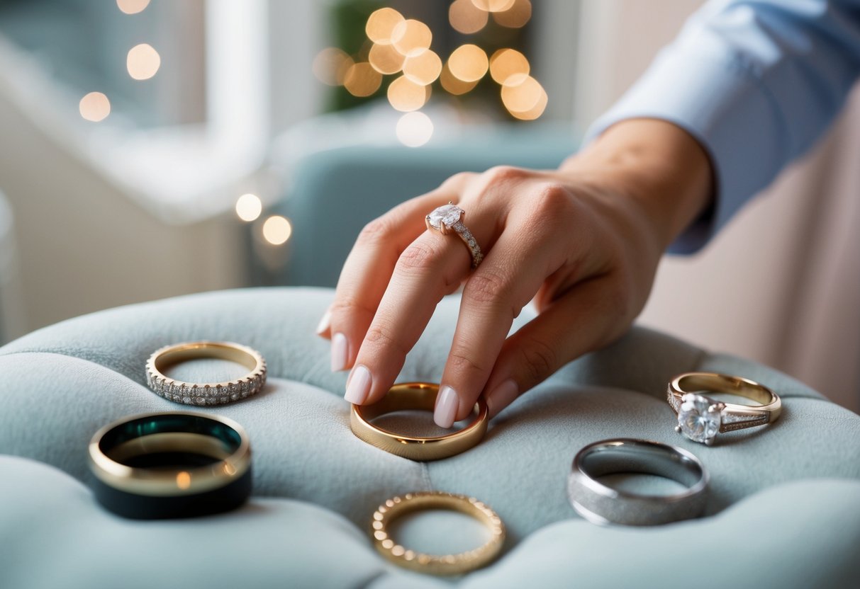A hand reaching for a wedding ring on a soft, cushioned surface with various styles of rings displayed