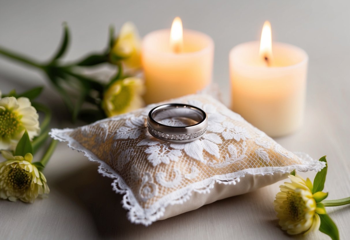 A wedding ring resting on a delicate lace pillow, surrounded by soft candlelight and fresh flowers