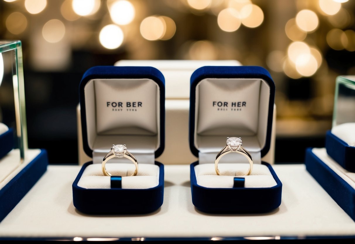 A jewelry store display of two matching wedding bands, one for him and one for her, surrounded by soft lighting and elegant packaging