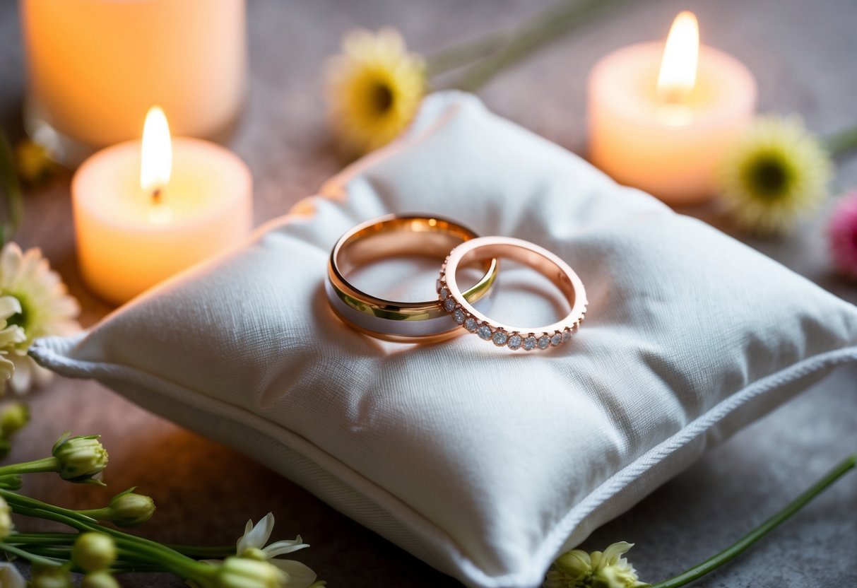 Two rings resting on a delicate pillow, surrounded by soft candlelight and fresh flowers