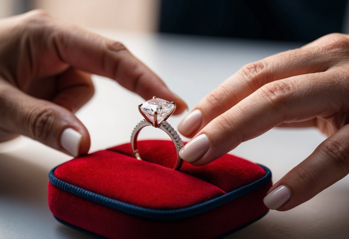 A hand reaching for a sparkling diamond ring on a velvet cushion