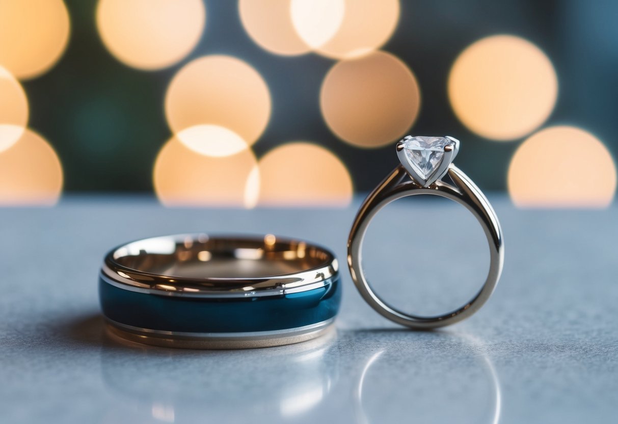 A wedding band placed on a surface, followed by an engagement ring on top