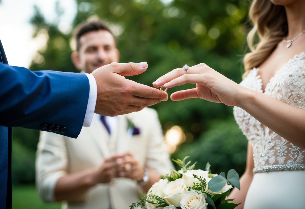 A groom's hand offers a ring to a bride's hand