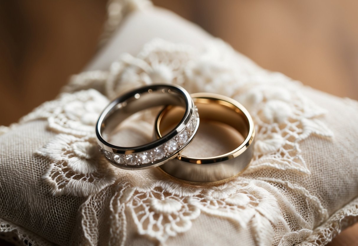 A close-up of two wedding rings resting on a delicate lace pillow, bathed in soft, natural light
