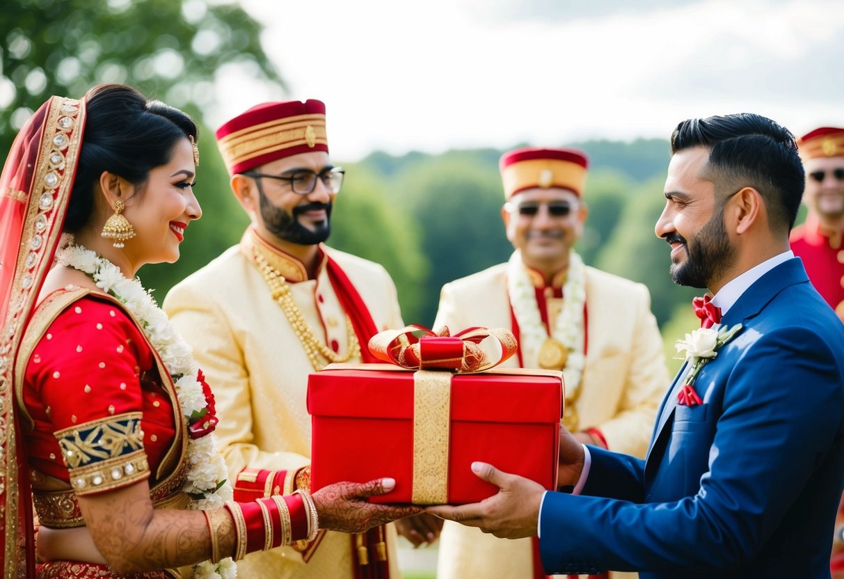 The groom presents a ceremonial gift to the bride's family