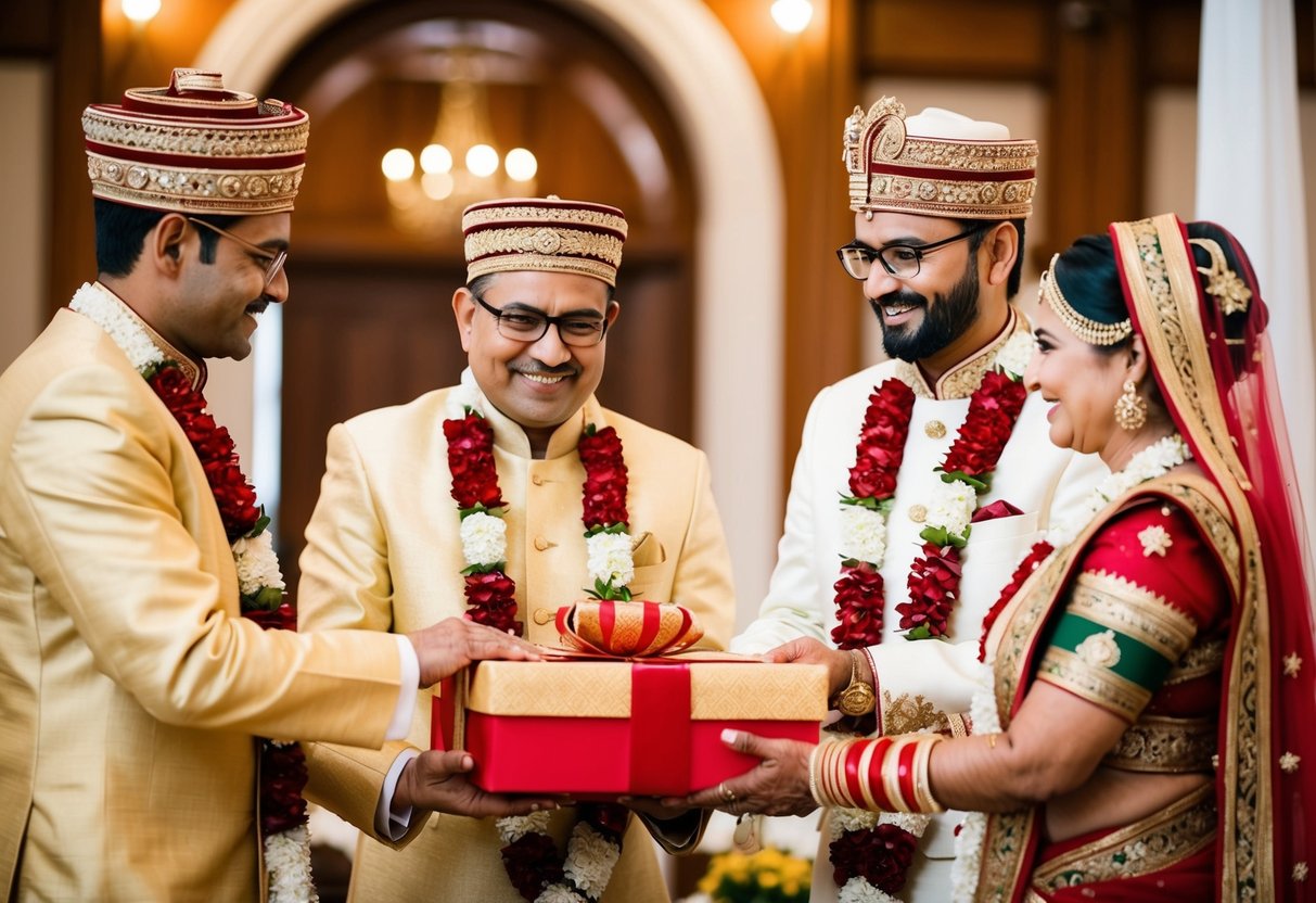 The groom presents a ceremonial gift to the bride's family in a traditional wedding setting