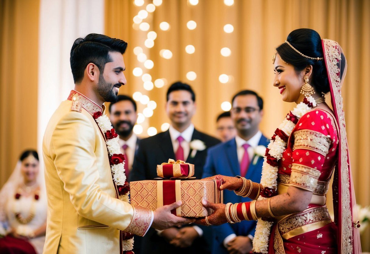 The groom presents a ceremonial gift to the bride's family, symbolizing his financial contribution