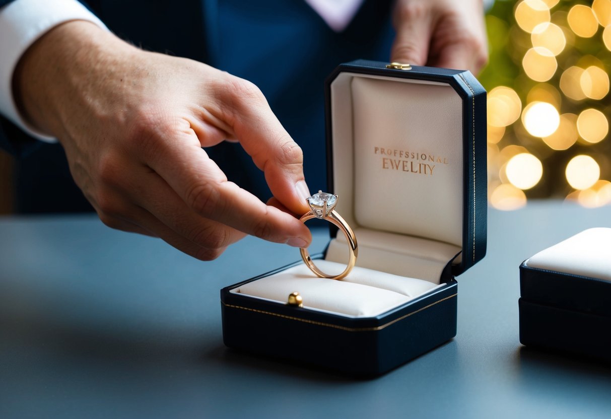 A hand placing a wedding ring inside a jewelry box on a table