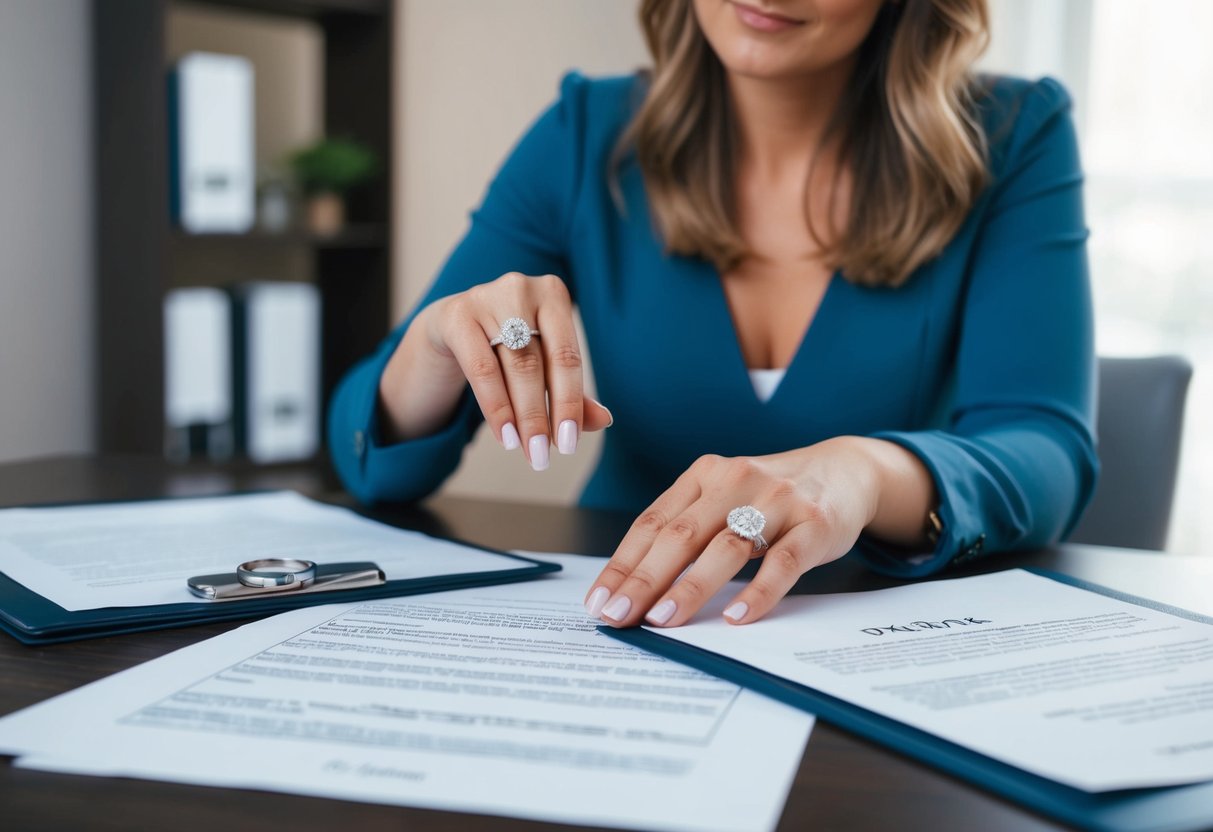 A woman places her wedding ring on a table, surrounded by legal documents and a divorce decree. She looks contemplative, weighing the decision to sell the ring