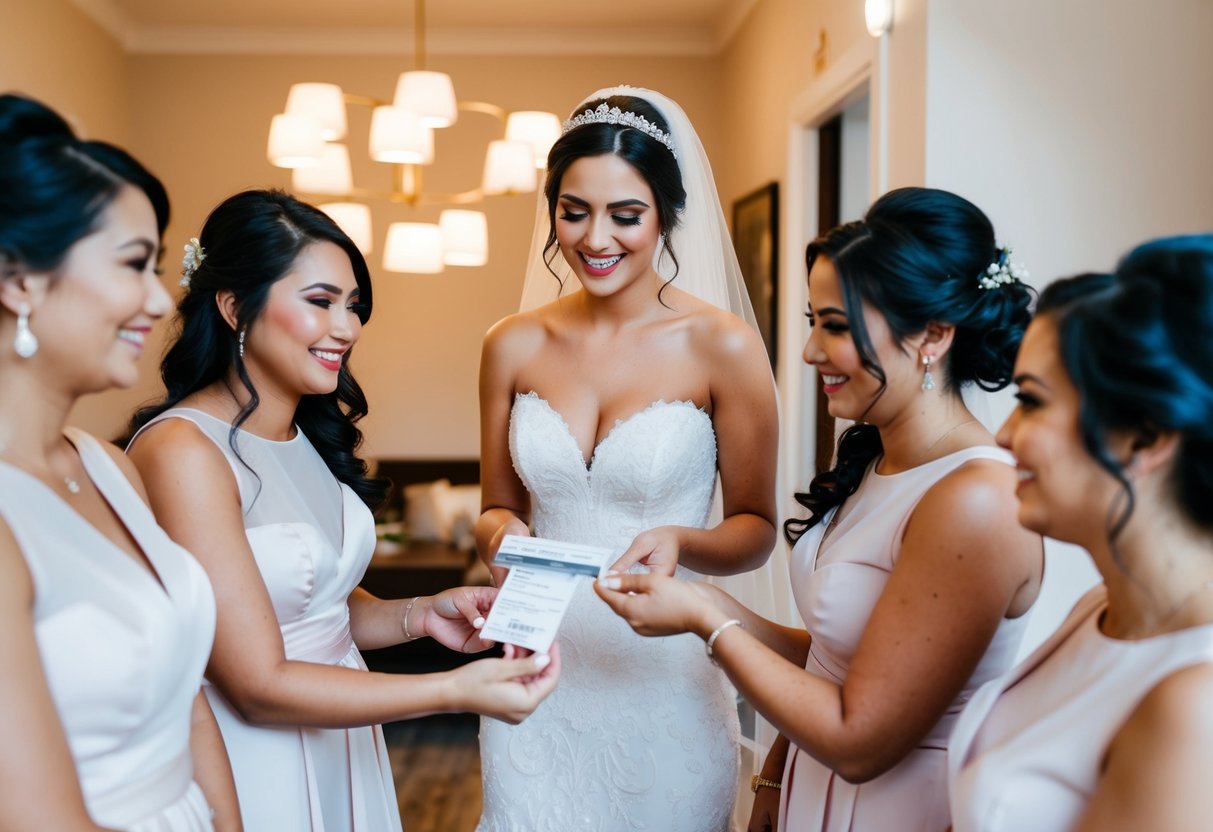 A bride handing over payment to her bridesmaids