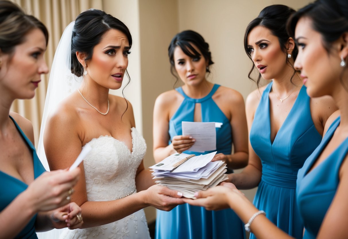 A bride handing over a stack of bills and receipts to her bridesmaids, with a concerned expression on her face