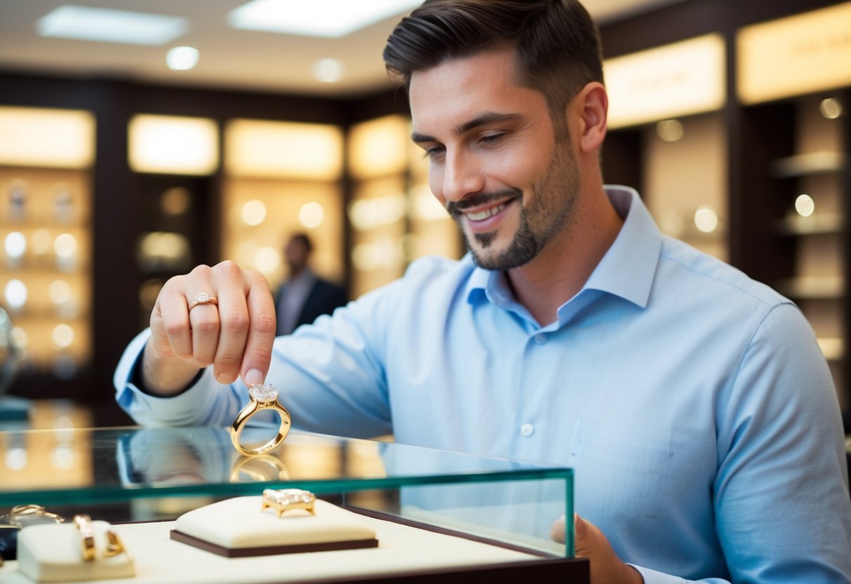 A man selects a wedding ring from a display case at a jewelry store