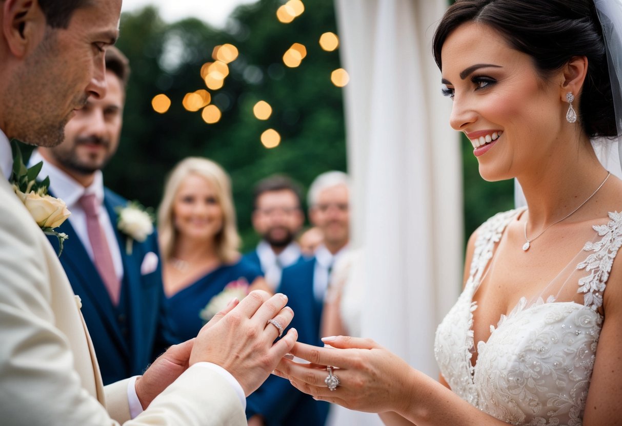 A bride receives two rings, one for the engagement and one for the wedding ceremony