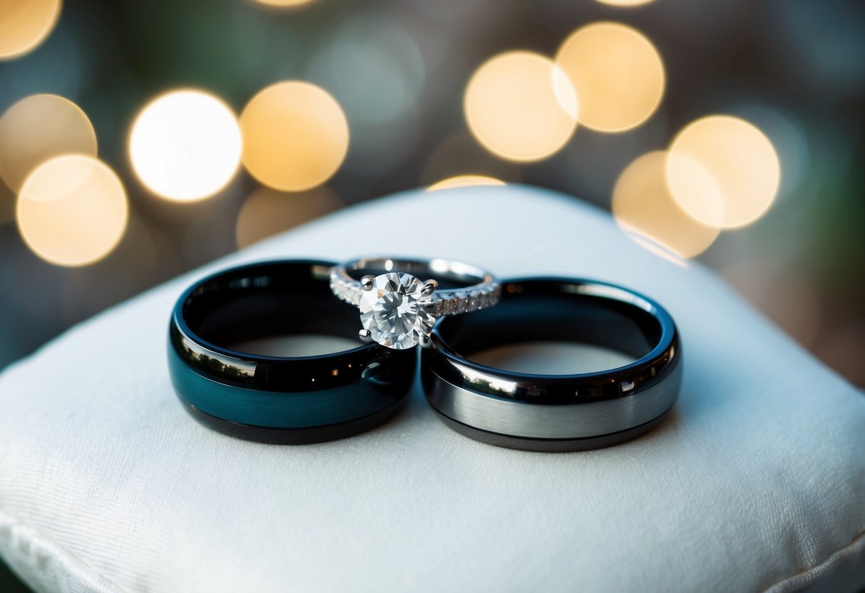 A bride's ring and groom's ring on a cushion, symbolizing matrimony