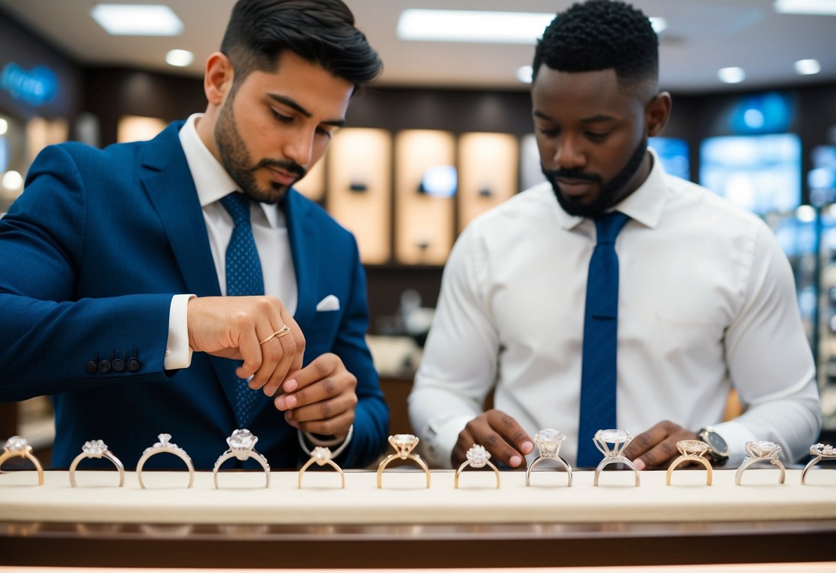 A man browsing through various wedding ring designs at a jewelry store, carefully examining each option before making a decision