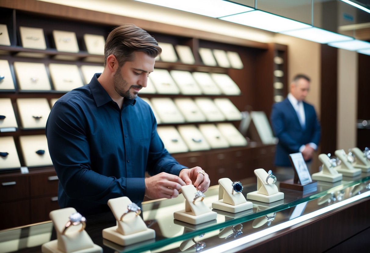 A man standing at a jewelry store counter, examining various wedding rings on display