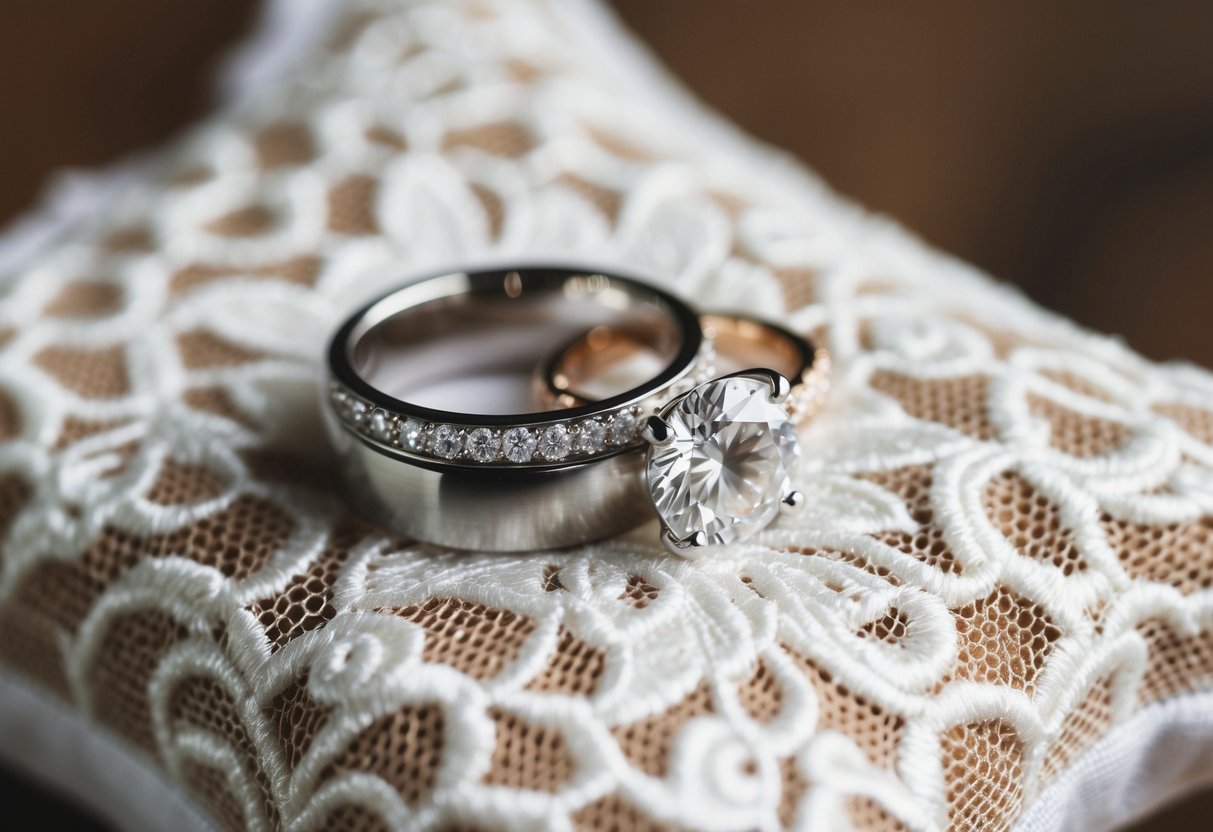 A bride's engagement ring and wedding band on a lace pillow