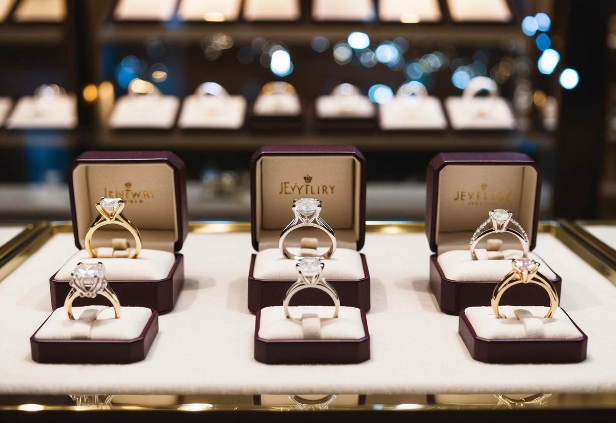 A jewelry store display of elegant wedding rings in various sizes and styles