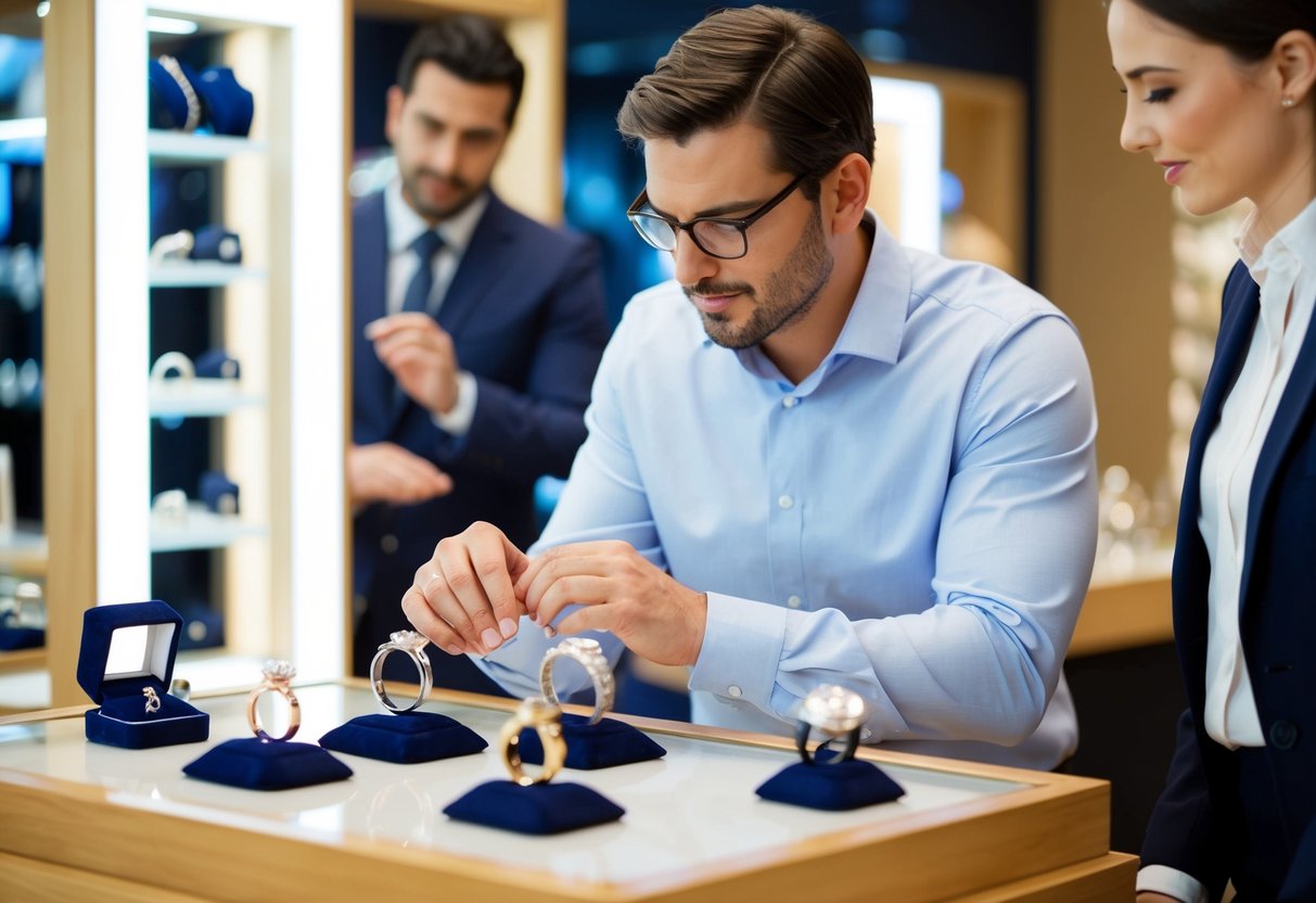 A man carefully examines various wedding rings displayed in a jewelry store, with a salesperson standing nearby offering assistance