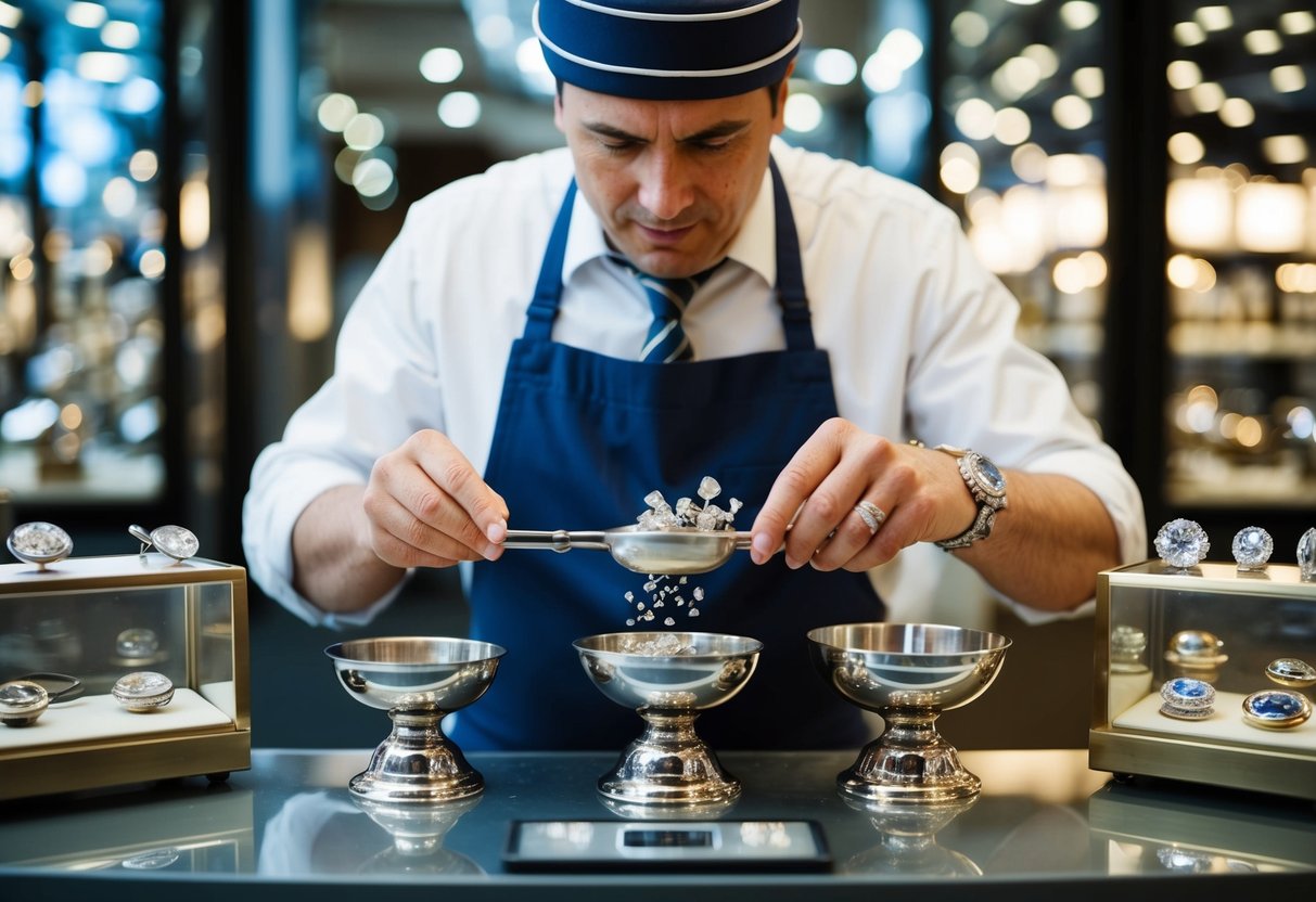 A jeweler carefully weighs and compares various metals, surrounded by sparkling gemstones and polished displays