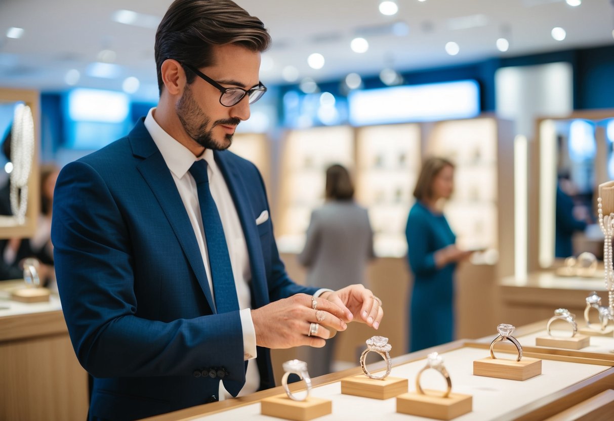 A man browsing wedding rings in a jewelry store, examining different styles and price points