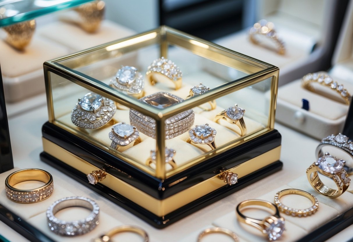 A jeweler's display case filled with sparkling gemstones and ornate embellishments, surrounded by elegant wedding ring designs