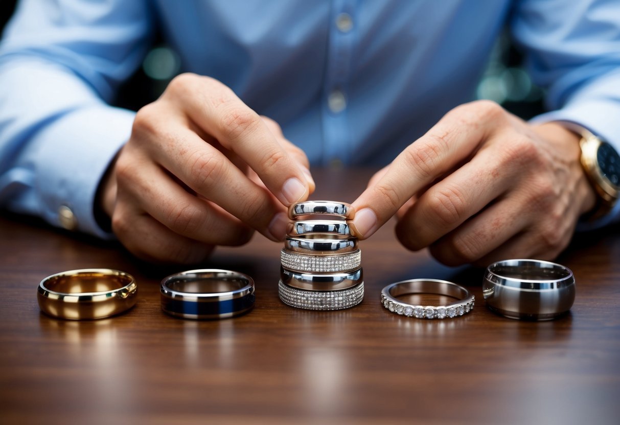 A man carefully examines different types of metal wedding bands, comparing their quality and price