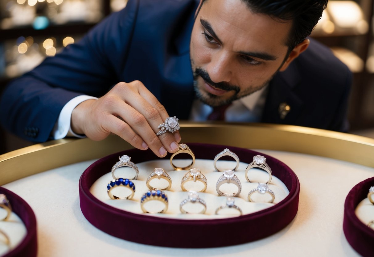 A man carefully examines a selection of wedding rings, each with unique designs and embellishments, displayed on a velvet-lined tray at a jewelry store