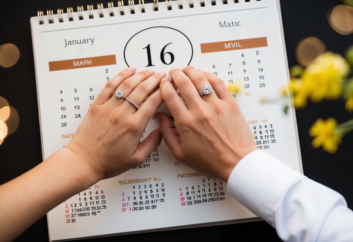 A couple's hands holding wedding bands, surrounded by a calendar with the date of the wedding circled