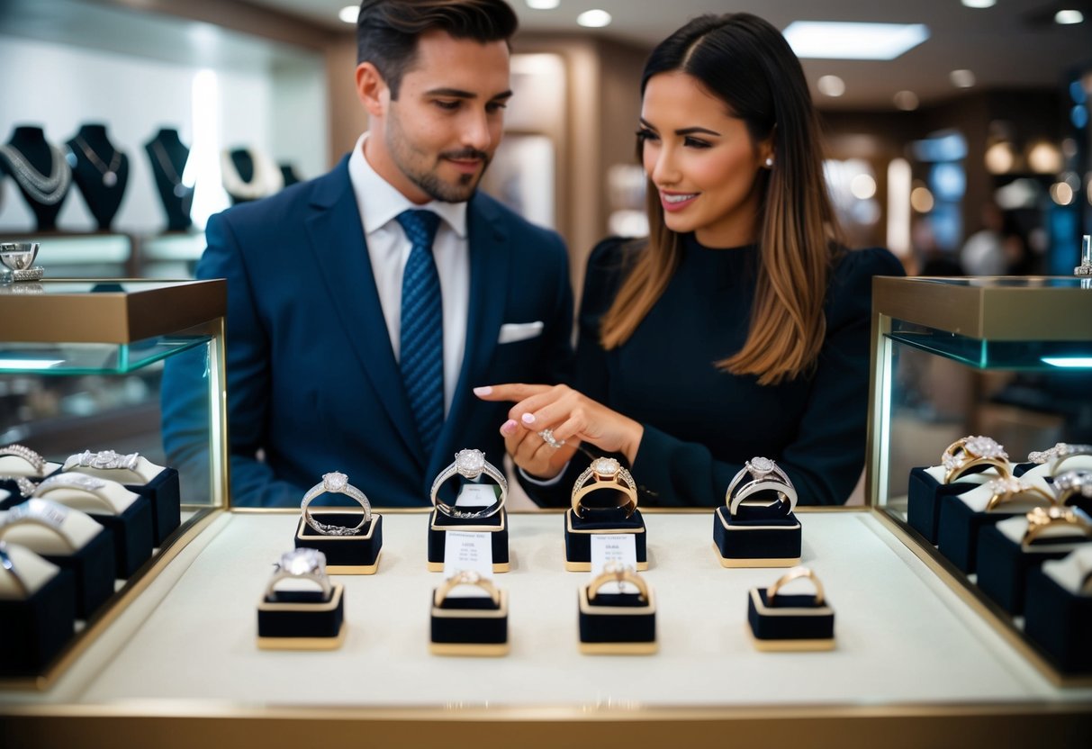 A jeweler's display of wedding bands in various styles and metals, with a customer discussing customization options with a sales associate